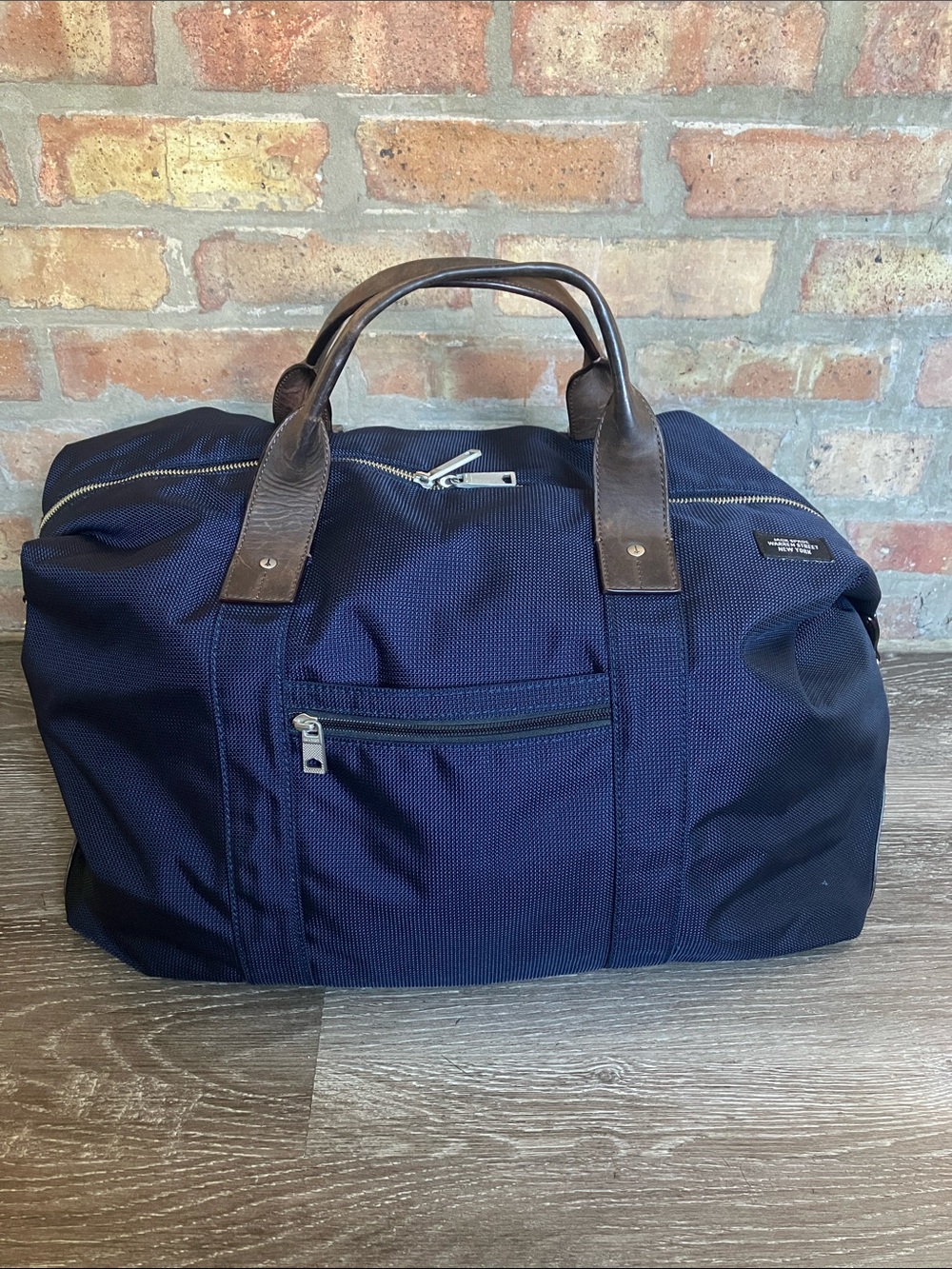 Jack Spade Navy Canvas Weekender Duffel Bag with Brown Leather Handles